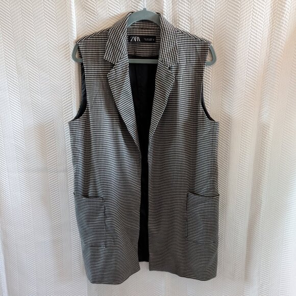 Zara Long Houndstooth Vest Pockets Belt Loops Size Large - Picture 7 of 11